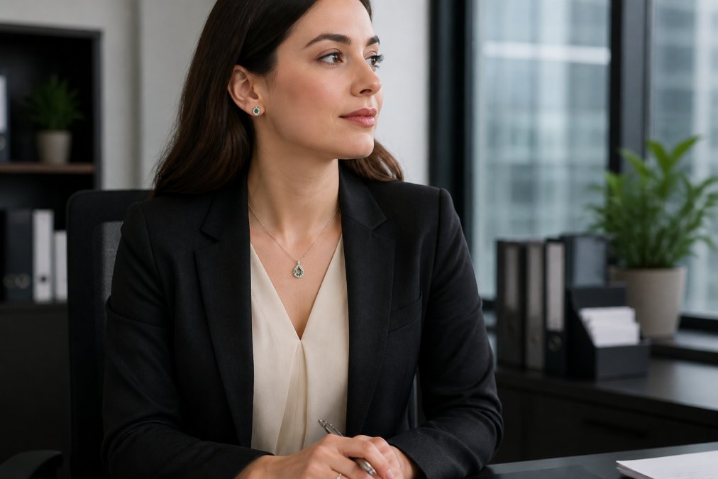 Professional woman at her desk wearing business formal attire with pearl stud earrings and a delicate gold pendant necklace, demonstrating polished office styling with natural office lighting