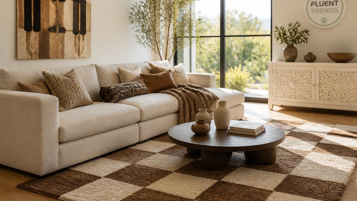 A bright modern living room with a clean-lined linen sofa, a handwoven checkered wool rug in umber and ivory, a carved white sideboard against the wall, and layered earth-tone pillows and a soft throw, afternoon light through large windows