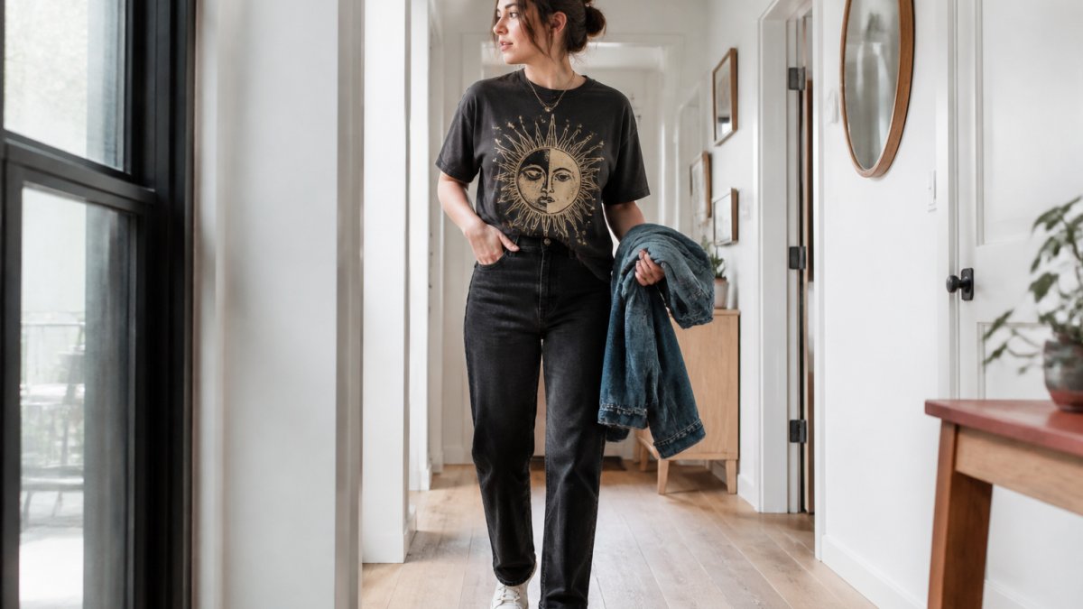 A young adult in a vintage-style graphic tee half-tucked into dark straight-leg jeans with white sneakers, standing in a bright apartment hallway with a denim jacket over one arm
