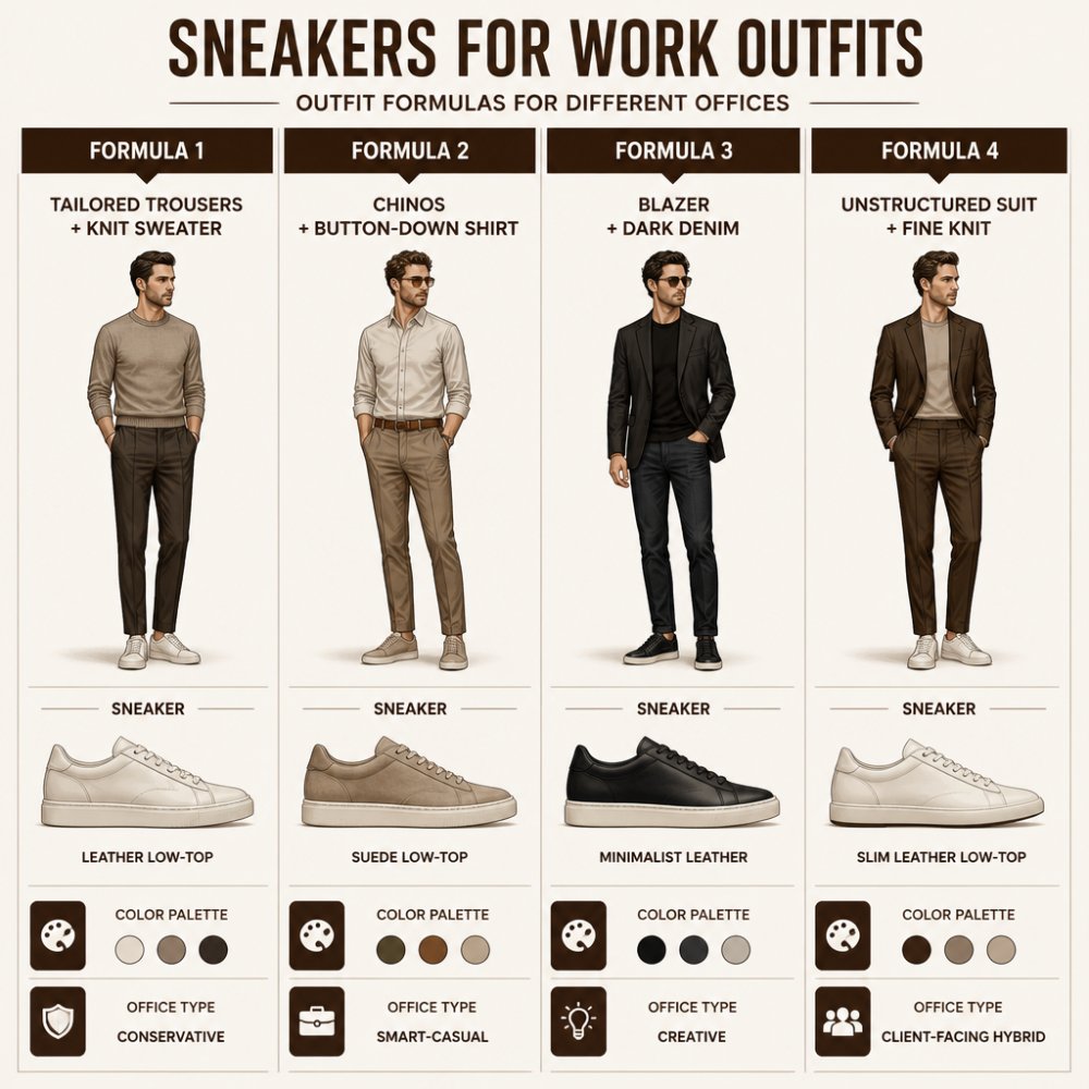 Comparison matrix of four business casual outfit formulas: Formula 1 Tailored Trousers + Knit Sweater (leather low-top, neutral palette, conservative offices), Formula 2 Chinos + Button-Down Shirt (suede low-top, earth tones, smart-casual offices), Formula 3 Blazer + Dark Denim (minimalist leather, monochrome palette, creative offices), Formula 4 Unstructured Suit + Fine Knit (slim leather low-top, tonal palette, client-facing hybrid offices)