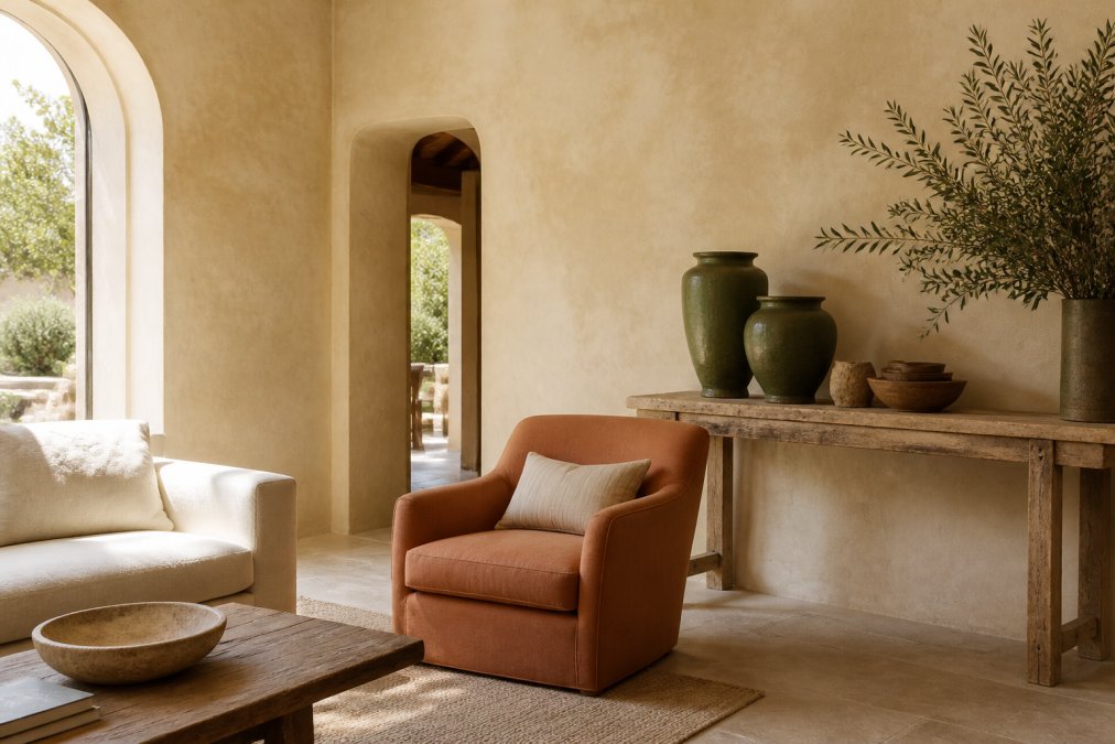 Sun-drenched living room with mediterranean decor featuring a beige limewash wall, terracotta chair, and olive vases.