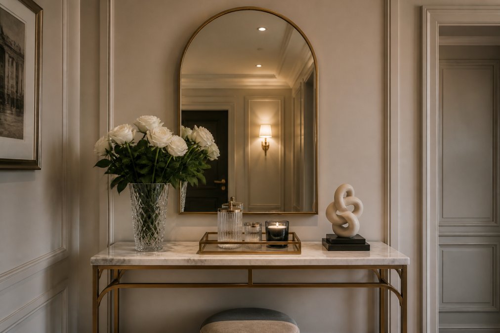 Sophisticated entryway with an arched mirror positioned above a marble console table featuring brass-framed accessories, fresh white roses in a crystal vase, and a small sculptural object on one side, warm ambient lighting creating subtle reflections