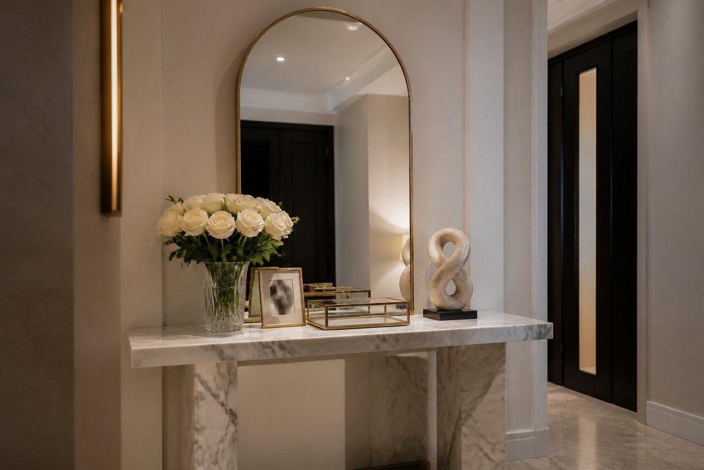 Professional illustration showing styling mirrors in small luxury entryways
