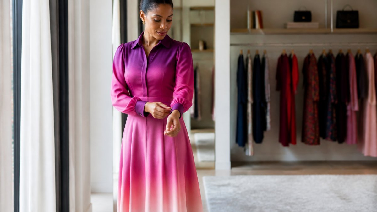 A woman in a long-sleeve ombré midi dress with a structured collar standing in a bright dressing room, adjusting the sleeve, soft window light