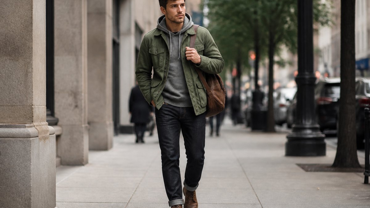 A young professional walking down a city sidewalk wearing a green field jacket over a gray hoodie, dark jeans, and brown boots, carrying a leather bag, with blurred urban buildings and street trees in the background