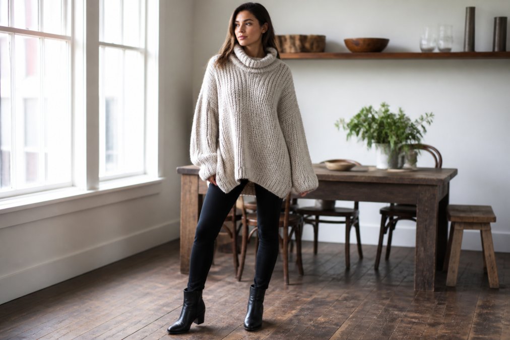 A woman wearing an oversized chunky knit sweater with fitted black leggings and leather ankle boots, standing in a bright indoor setting with a relaxed, confident pose