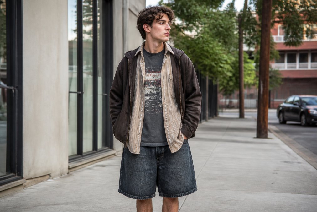 Diagram illustrating layering techniques for oversized tees under button-downs and jackets in an urban style.