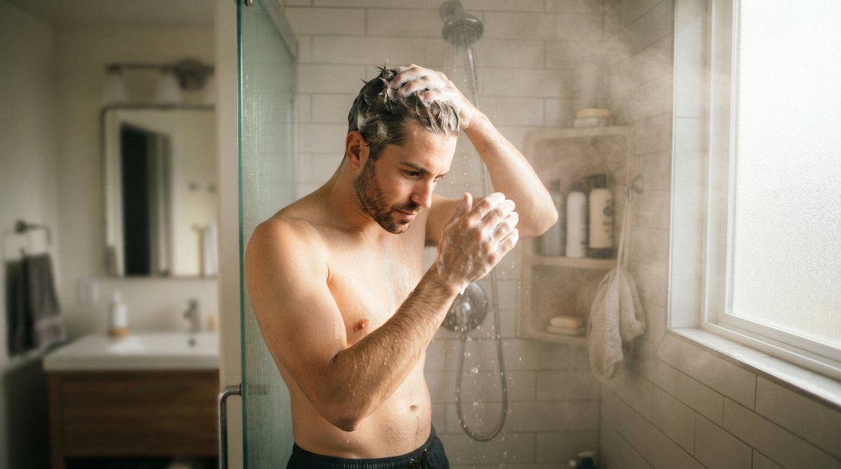 Man applying clarifying shampoo in a steamy bathroom to help products wash out easily