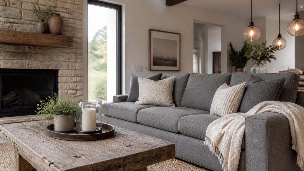 Modern living room with sleek gray sofa paired with weathered wood coffee table, natural stone accents, warm pendant lighting, and layered textures creating inviting rustic-modern atmosphere