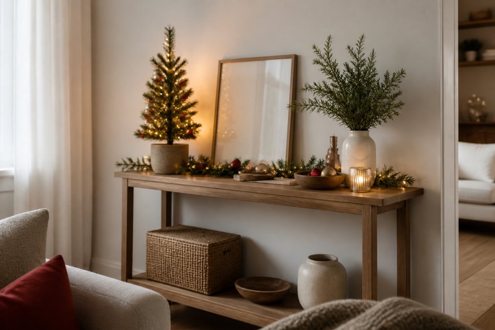 Diagram illustrating how to style seasonal decor modern home vignettes using minimalist consoles and lights.