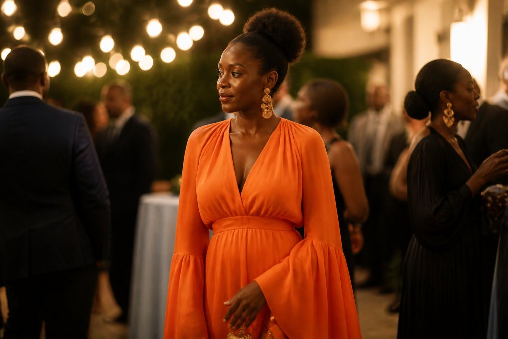 A woman in a vibrant orange maxi gown with dramatic trumpet sleeves, wearing minimal gold statement earrings, standing confidently at an elegant evening event with soft bokeh lights in the background