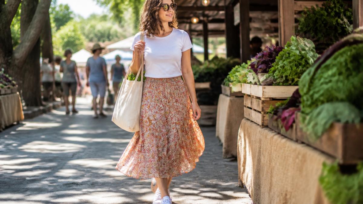 A woman in her thirties wearing a flowing midi skirt with a plain white tee and white sneakers, walking through a sunny outdoor market with a tote bag
