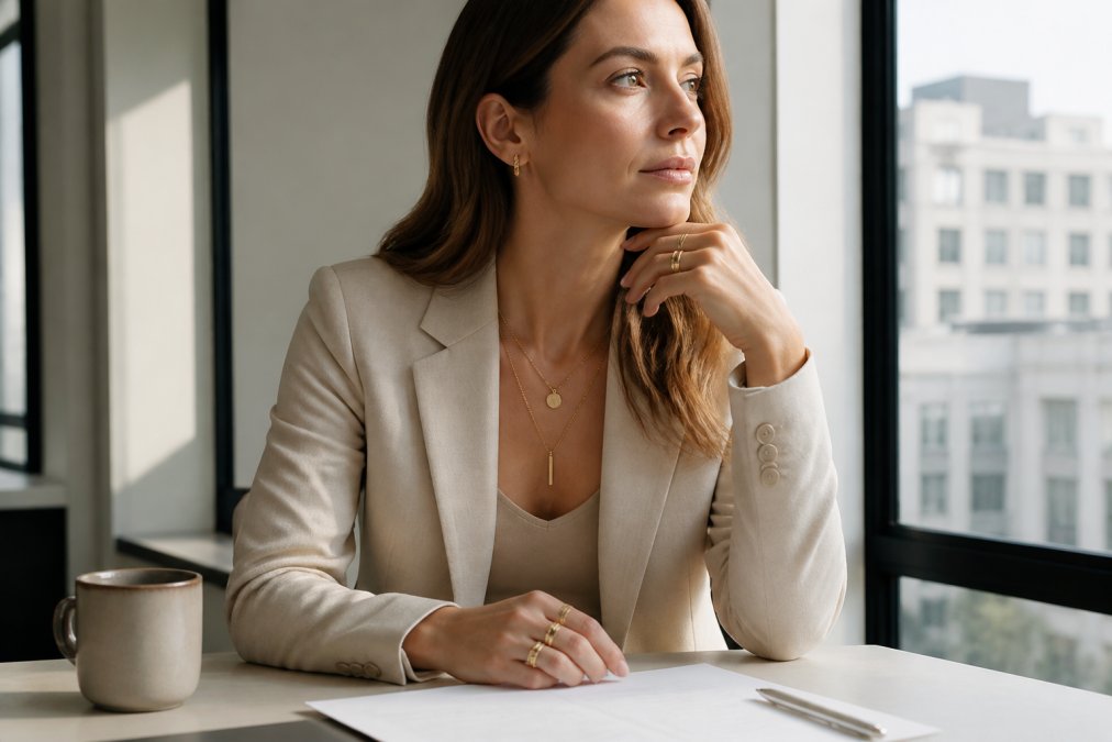 Professional woman wearing minimalist 18k gold jewelry, delicate layered necklaces, small structured earrings, and stacked rings, seated at her desk in a modern office with natural daylight streaming through large windows