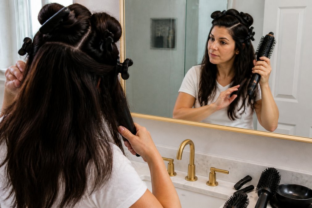 A woman with thick, dark hair using sectioning clips to divide her hair into four quadrants in front of a bathroom mirror, holding an air styler in one hand