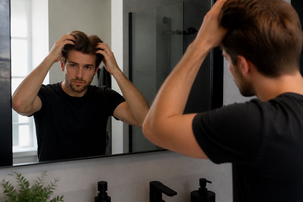 Man rubbing styling cream between his palms before applying it to his damp hair in a modern bathroom mirror