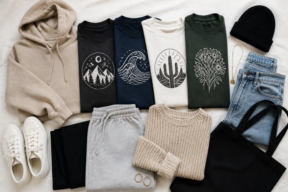 Flat lay of carefully arranged graphic tees in coordinating colors alongside neutral basics, hoodies, and accessories arranged on a light surface showing how pieces coordinate together