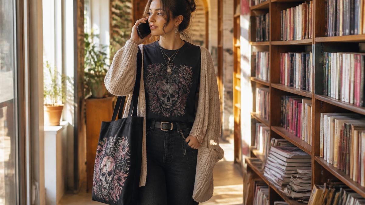 Person wearing a dark romance-themed graphic tee layered with a chunky cream cardigan and holding a literary-themed tote bag, styled for a casual bookstore visit with natural indoor lighting
