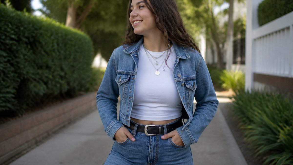 Teen wearing a casual outfit styled with layered necklaces, a belt, and a denim jacket over a fitted tee and jeans, showing how accessories elevate a basic look in natural outdoor lighting