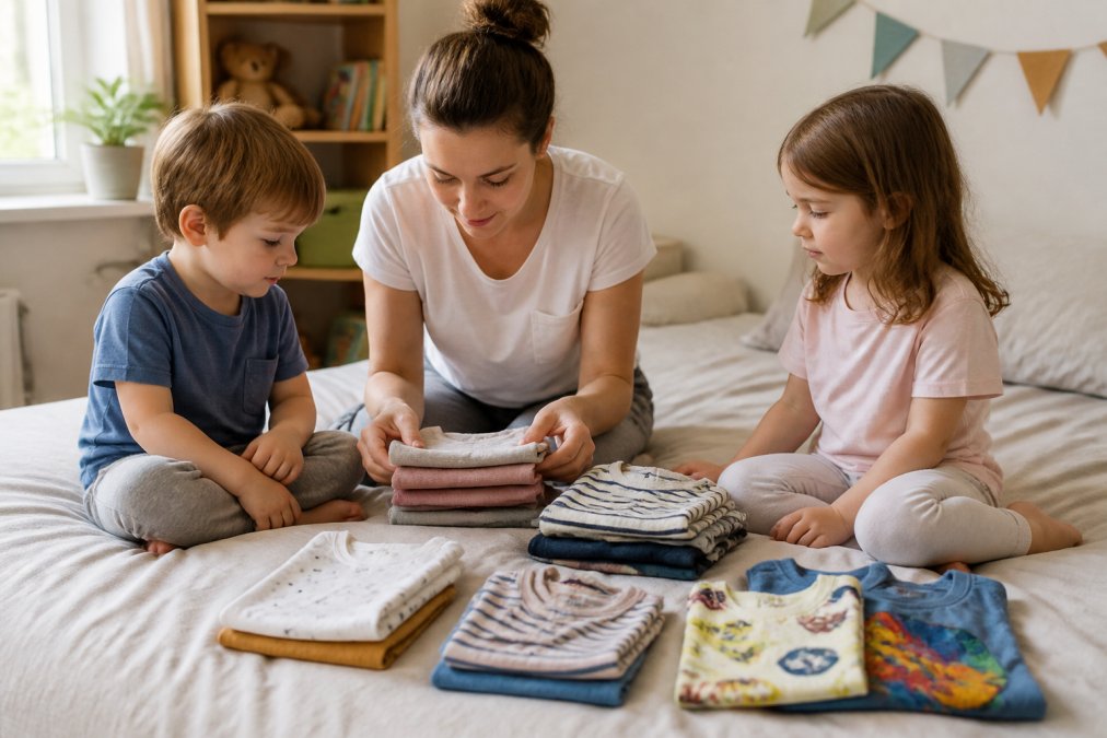 Parent and children sorting clothes on a bed to learn styling tips for kids by mixing neutrals with colorful prints.