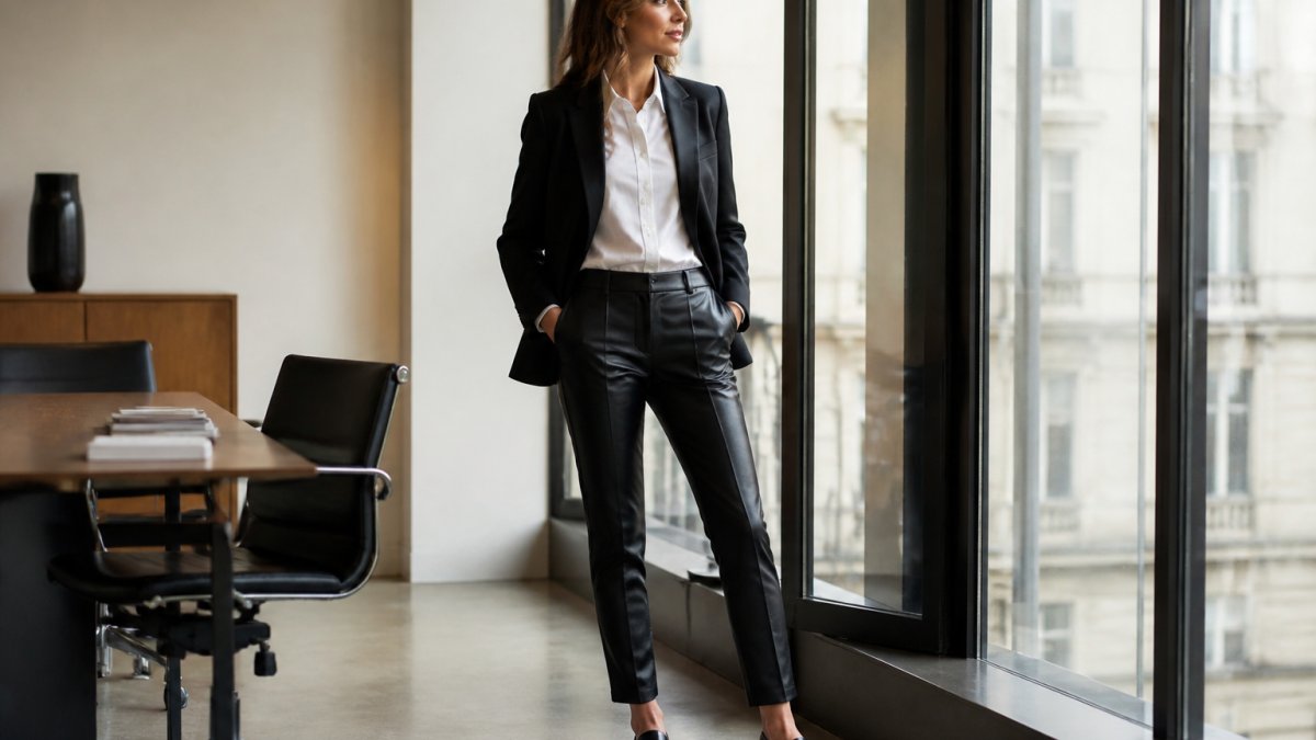 Woman wearing black leather trousers and a tailored blazer in a bright, modern office space