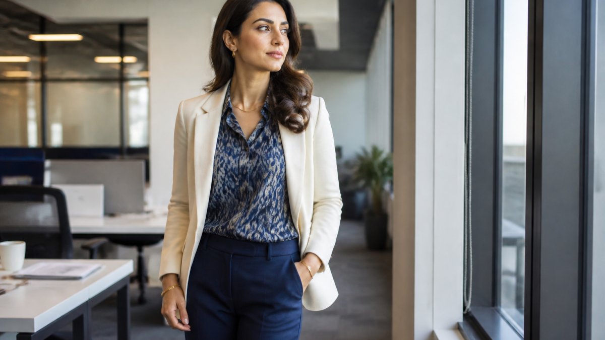 Professional woman wearing a structured ikat-patterned blouse with tailored navy trousers, cream blazer, and minimal gold jewelry in a modern office setting with natural light