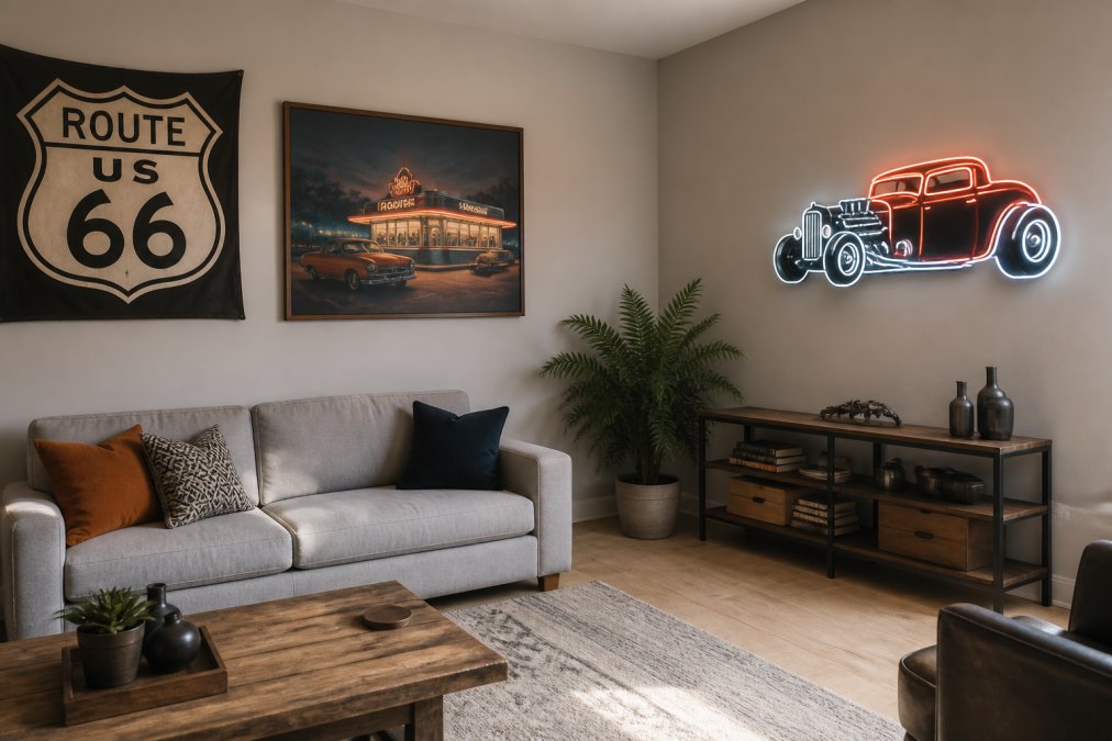 Gallery wall with vintage americana art and a neon light in a modern living room with a potted fern.
