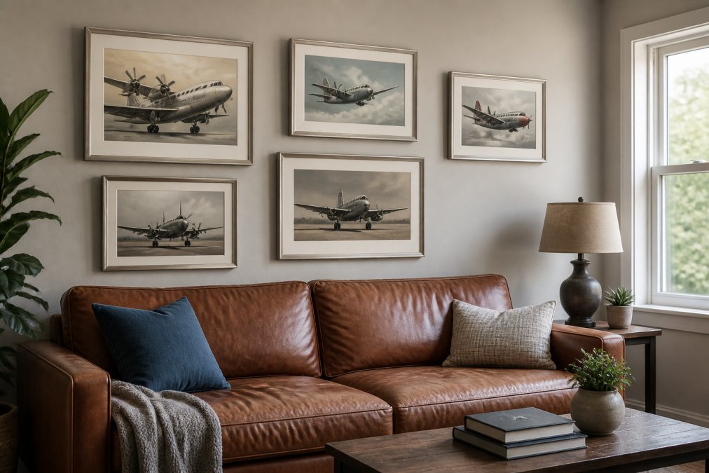 Modern living room with vintage aviation prints displayed on a neutral beige wall above a leather sofa, showing muted aircraft grays, warm cognac leather accents, and brushed aluminum picture frames creating a sophisticated layered aesthetic with natural window lighting