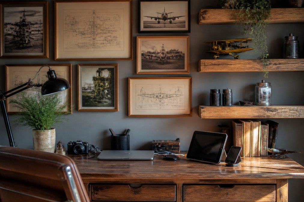 Contemporary home office featuring vintage aviation blueprints and sepia-toned photographs arranged in a gallery wall above a wooden desk with warm honey tones, reclaimed wood floating shelves displaying a small brass model airplane, and warm ambient lighting highlighting the curated collection