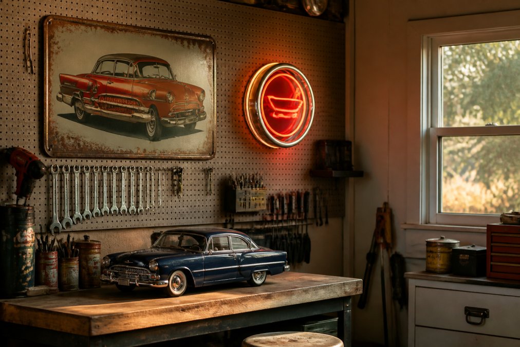 A small residential garage interior with a vintage metal car sign and a neon wall light mounted on a pegboard above a tidy workbench, classic car model on the bench, warm afternoon light coming through a side window