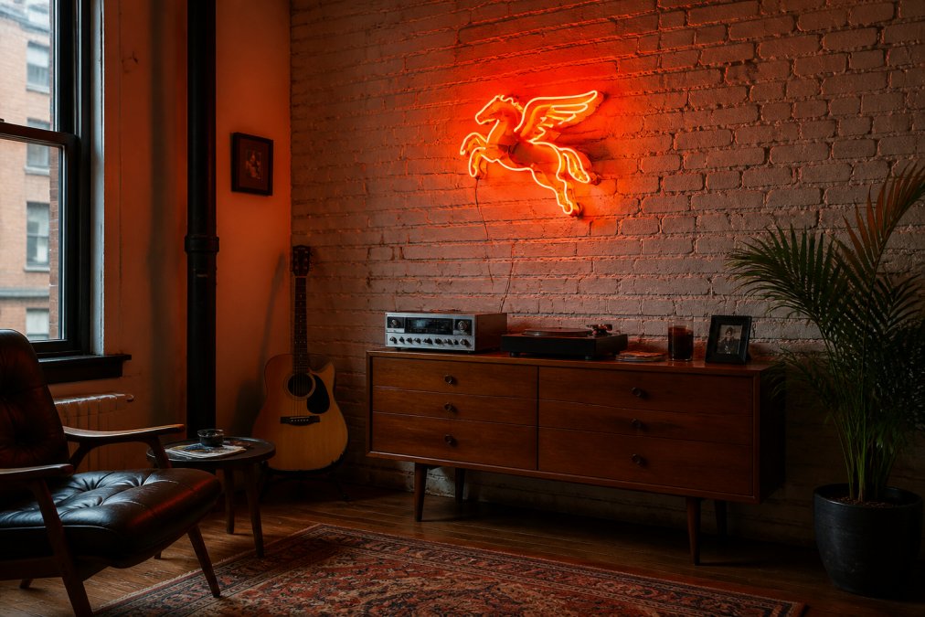 A small apartment den corner with a vintage neon sign mounted on an exposed brick wall above a mid-century sideboard, warm ambient glow filling the space, retro furniture nearby