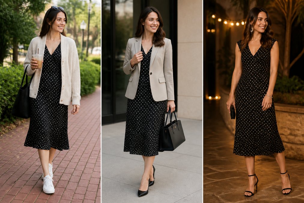 Woman wearing an elegant dress styled three different ways: casual with sneakers and a cardigan, professional with a blazer and structured bag, and evening-ready with accessories and heels, photographed in natural daylight