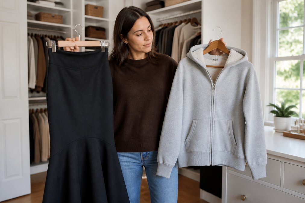 A woman in her early thirties standing in a bright walk-in closet, holding a high-waisted stretch fishtail skirt against a fleece-lined zip hoodie, comparing two outfit options side by side, natural daylight
