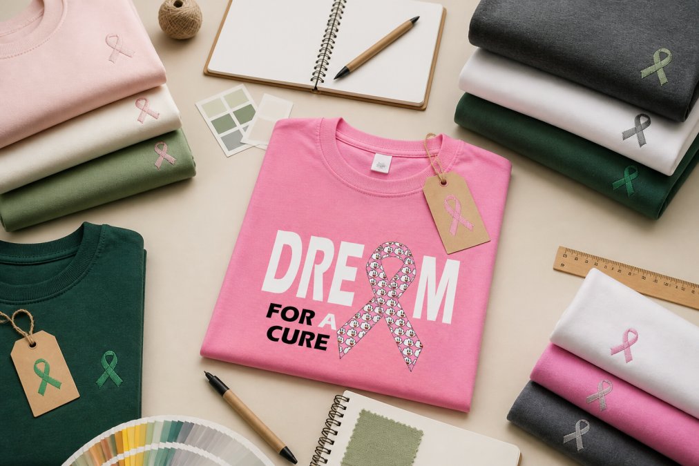 Flat lay of folded cause-driven apparel items with awareness ribbons and tags visible, arranged on a neutral background