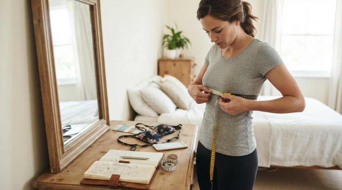 Woman measuring her bust with a tape measure to find the right fit for stylish bikinis 2026 for large bust review.