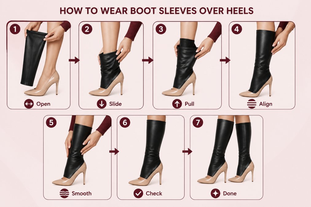 Woman's hands and legs demonstrating the process of sliding a black stretch faux leather boot sleeve over a nude pump heel, showing the smooth fit and positioning on the leg with natural indoor lighting