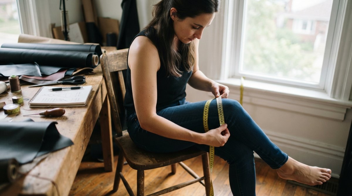 Woman measuring her thigh with a soft measuring tape positioned around the fullest part above the knee, with natural daylight from a window