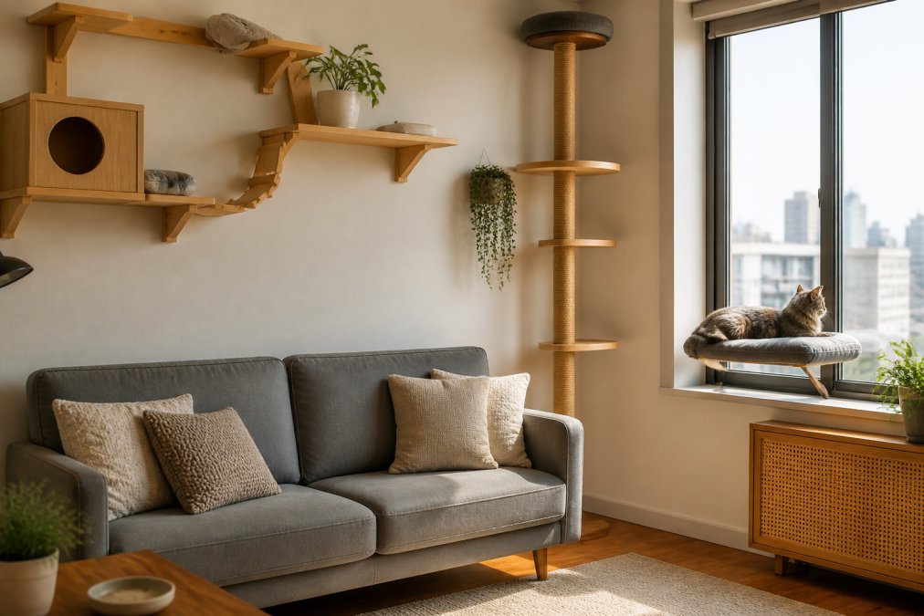 A cozy apartment living room with a wall-mounted cat shelf unit above a compact sofa, a slim vertical cat tree tucked into the corner, and a cat lounging on a window perch with a city view, soft afternoon light streaming in