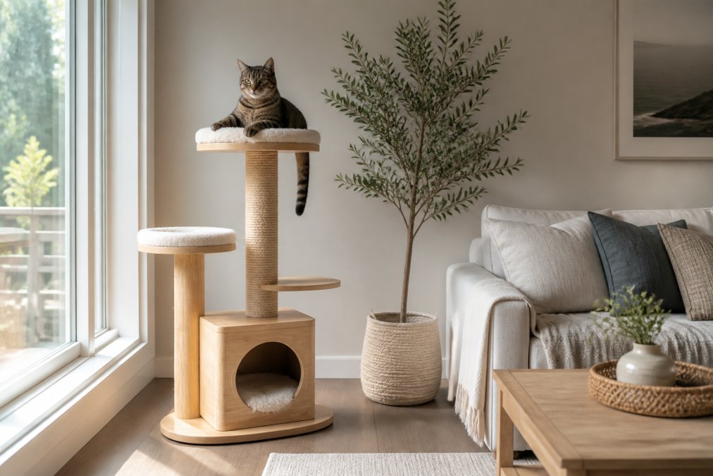 Modern living room with neutral tones and minimalist decor, featuring a sleek natural wood cat tree with sisal rope in the corner near a window, a tabby cat lounging on one of the elevated perches