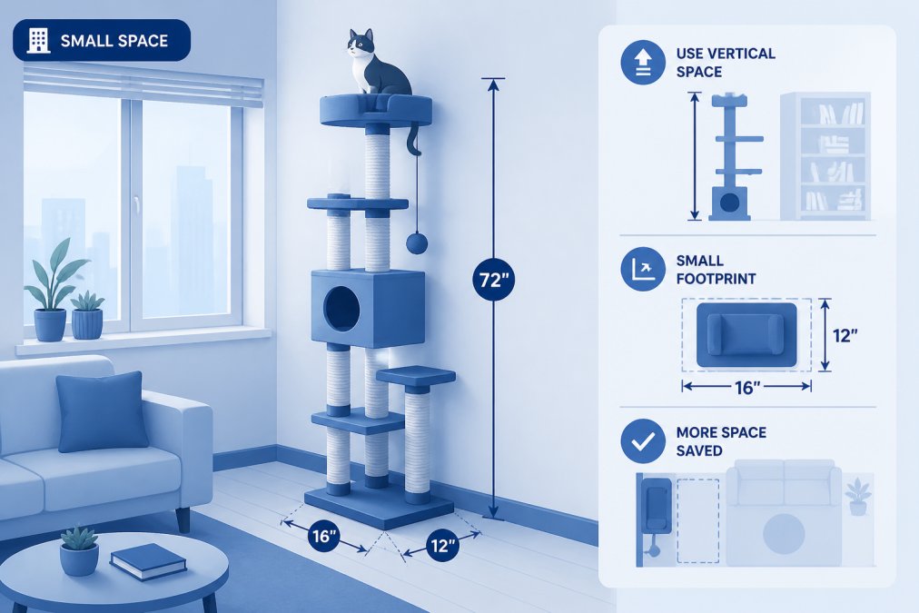 Compact apartment living space with a tall, narrow vertical cat tree positioned against a wall near a window, showing how the design maximizes vertical space without consuming significant floor footprint, cat climbing on upper perches