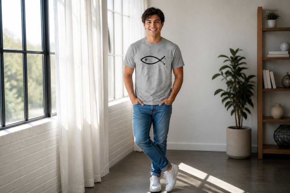 Young adult wearing a faith-based graphic tee styled casually with jeans and white sneakers, standing in natural daylight near a window with a confident, genuine smile, representing modern stylish christian clothes for young adults