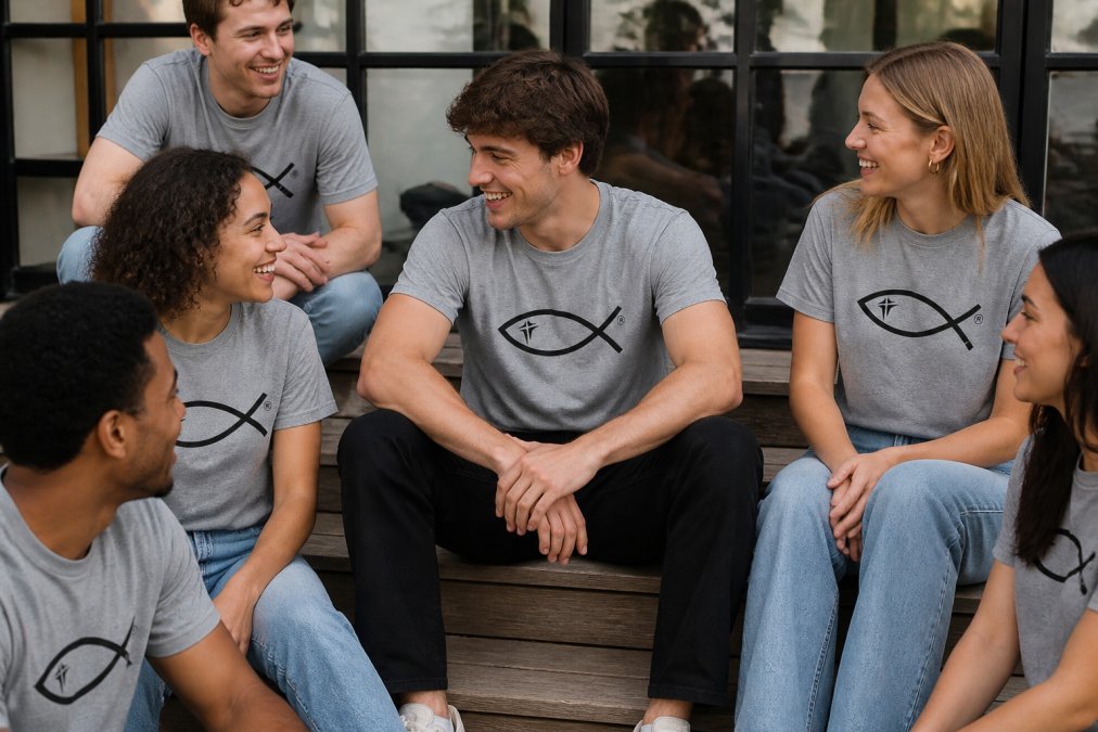Diverse group of young adults wearing various IGIT Apparel styles together in a casual setting, smiling and engaged in conversation, representing community and shared faith values