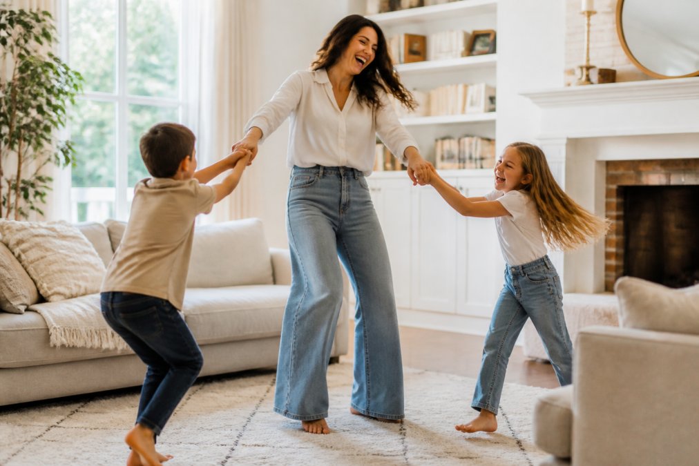 A woman in her 30s wearing high-rise palazzo jeans and a flowy blouse, laughing while playing with her kids in a bright living room