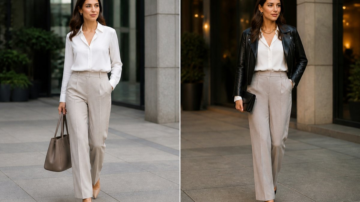 Infographic showing the three-step process of adding accessories and layers to transform office wear into evening attire.