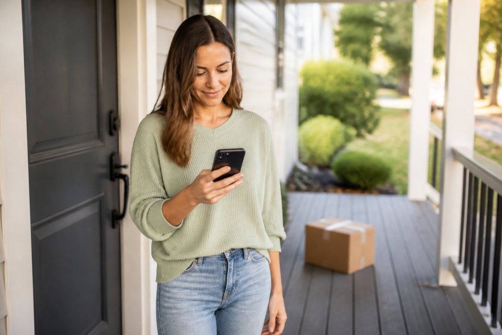 A woman checking her smartphone for a package delivery notification while standing near her front door, with a cardboard box visible on the porch in soft afternoon light
