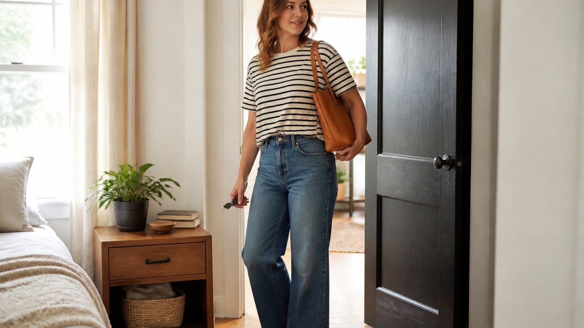A woman in her thirties in a relaxed striped tee and high-rise wide-leg jeans, standing in a bright bedroom doorway with a tote bag over her shoulder, keys in hand, morning light coming through the window