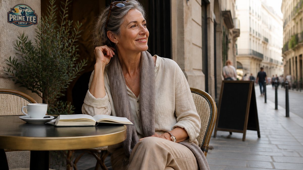 A mature woman sitting at a European café wearing a neutral linen blouse, tailored pants, and a lightweight scarf, with a coffee cup and journal on the table, embodying relaxed elegance and confidence