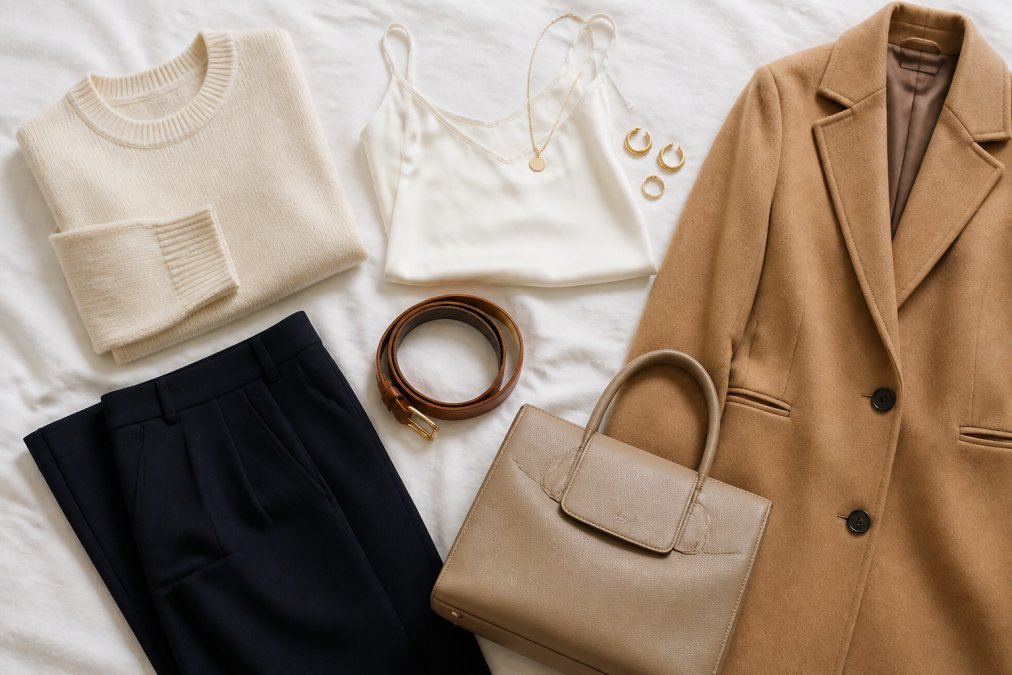 Overhead flat lay composition featuring a carefully curated capsule wardrobe on a clean white linen surface: folded cream cashmere sweater, navy tailored trousers, white silk camisole, structured camel wool coat, quality leather belt in cognac, minimalist gold jewelry, and a structured leather handbag in neutral tone, arranged to show coordination and timeless style