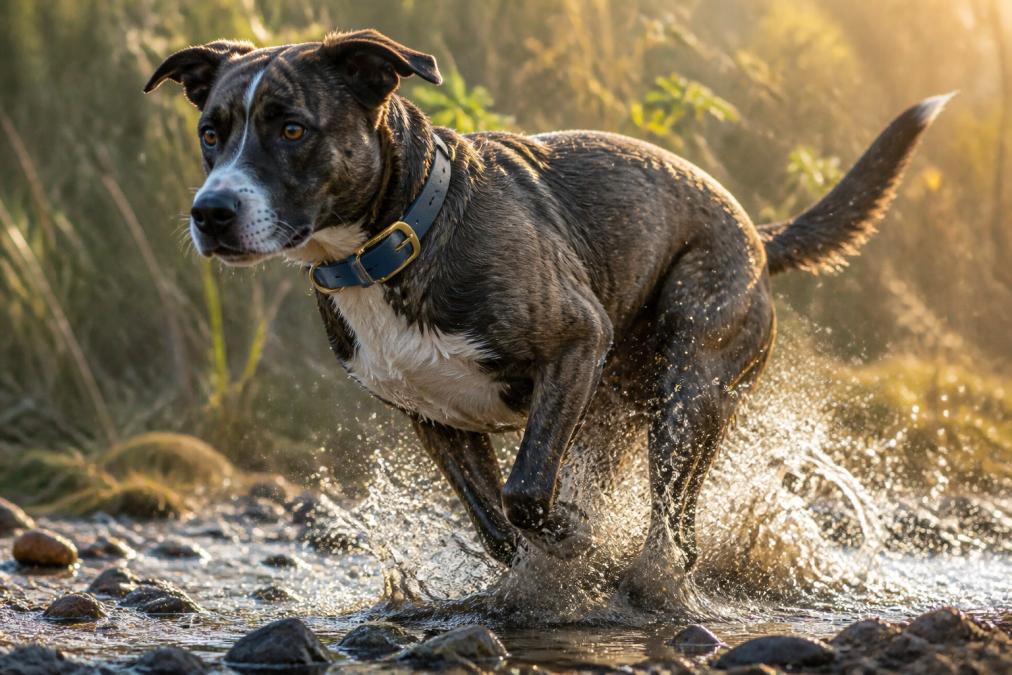 Active dog running through muddy terrain wearing a durable waterproof collar, splashing through a stream with morning sunlight catching the reflective stitching, showing real-world durability in action