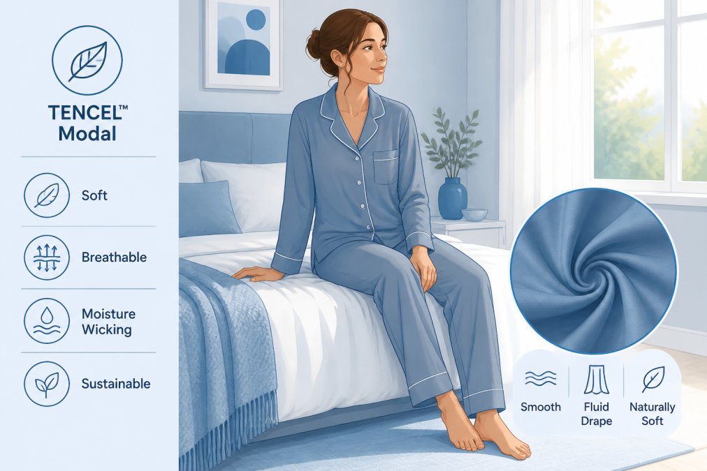 Woman wearing soft TENCEL modal pajama set in a bright, minimalist bedroom, sitting on the edge of the bed with natural morning light streaming through the window, showing the fabric's drape and softness