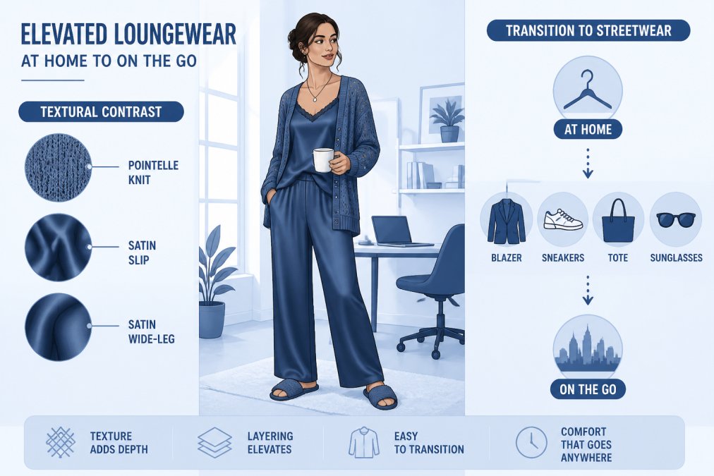 Woman styled in elevated loungewear with textural contrast, wearing a pointelle knit cardigan layered over a slip dress with satin wide-leg pants, standing in a home office setting with natural window light, showing how to transition loungewear to streetwear